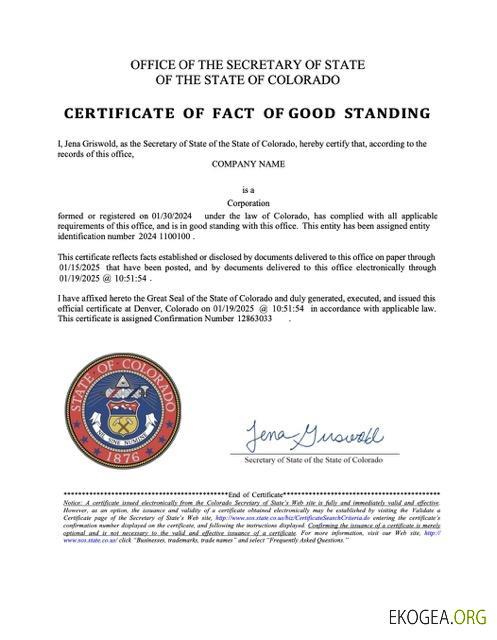 États Unis Colorado certificat de fait de bonne réputation Modèle Word et PDF